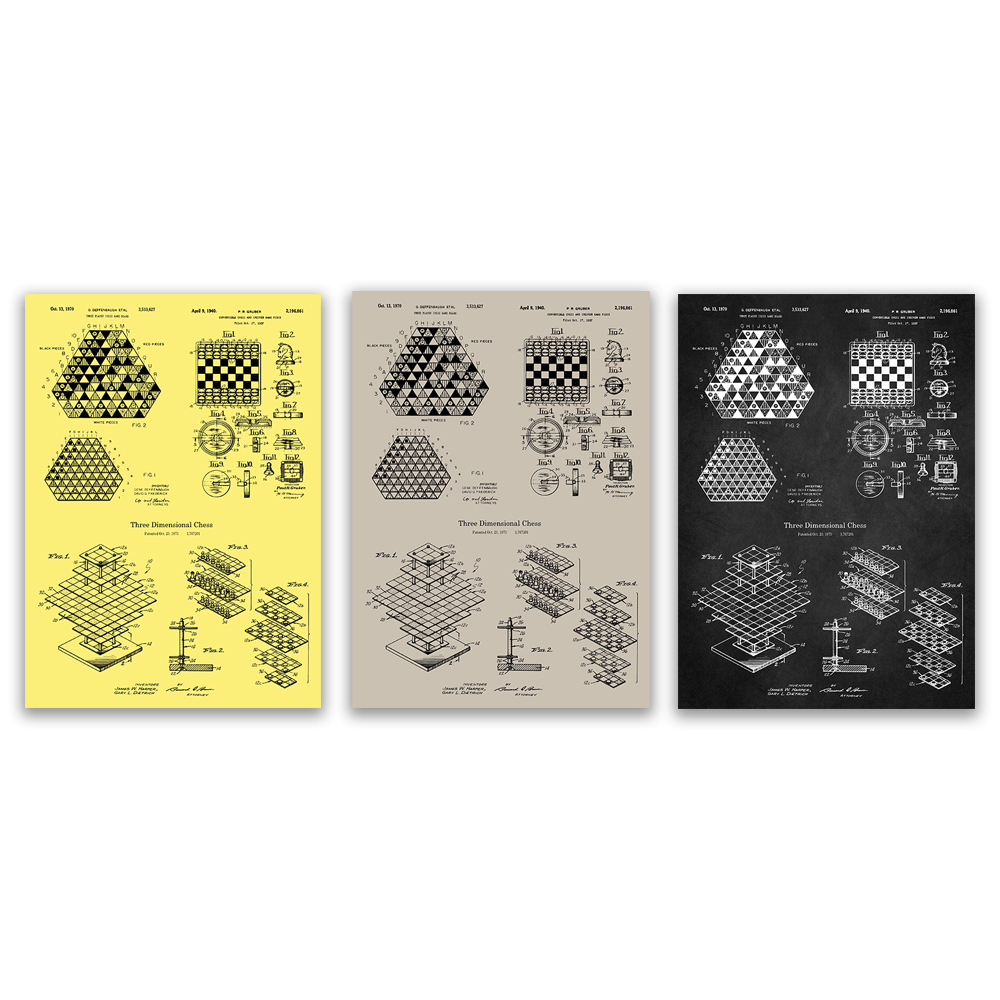 Board Game For 3 Players - หมากรุก 3 ผู้เล่น, โปสเตอร์แบบแปลนกระดานหมากรุก, ภาพศิลปะสิทธิบัตรของสหรัฐฯ, ลายตารางหมากรุก,
